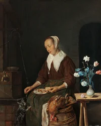 Kvinne som spiser, kjent som «Kattens frokost», ca. 1661–64 (olje på panel)