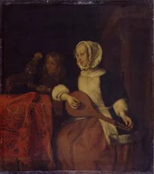 Kvinne som spiller mandolin, ca. 1660-65 (olje på panel)
