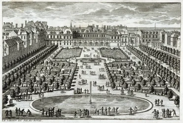 Utsikt over Parc du Palais Royal i Paris. Gravering av Perelle, slutten av 1600-tallet.