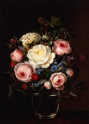 Peoner i en vase på et bord (olje på lerret)