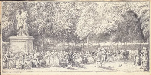 Et møte i Tuileries Gardens rundt en statue, 1760