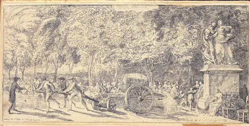 Figurer som trekker en tønne på en tralle i Tuileries Gardens, 1760