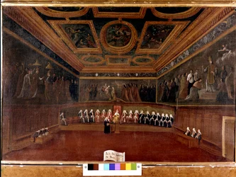 Tidmannsrådet i Dogepalasset på 1700-tallet - Sala del Consiglio dei Dieci, 1725 - Tidmannsrådets sal, Dogepalasset, Venezia (1700-tallet) - Doge og Tidmannsrådet. Museo Correr, Venezia