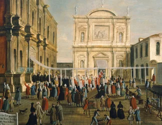 Doge og herrer i kirken San Rocco på helligdag, av Gabriel Bella (1730-1799) Olje på lerret, 92,5x145,5 cm, detalj