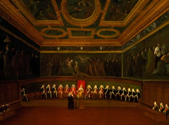 Hall of Council of Ten i Venezia, av Gabriel Bella (1730-1799), olje på lerret, 94x147 cm, Italia