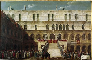 Innsettelsen av dogen på Gigantenes trapp (Kroningen av dogen på Scala dei Giganti i Venezia). Venezia, Fondazione Querini Stampalia