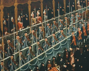 Lunsj på San Benito Theatre tilbudt av Doge til ære for prinsene i nord, Venezia, av Gabriel Bella (1730-1799), olje på lerret, Detalj