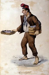 Små metiers av napoli: selgeren av fisk (fiskehandler). Litografi av F. Dura