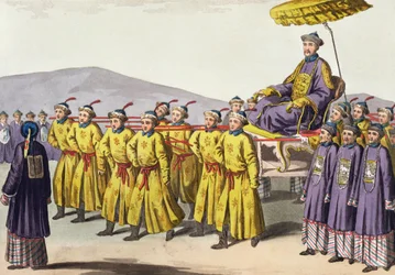 Keiser Chien Lung bar Triumph, plate 18 fra Le Costume Ancien et Moderne av Jules Ferrario, utgitt ca. 1820-30-tallet