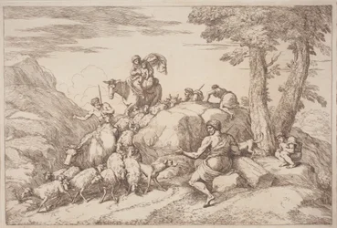 En pastoral reise med en mor og et barn til hest og en eldre hyrde sittende