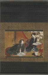 To geisha som leser fra en bok, Edo-perioden (farge, gull og sølv på silke)