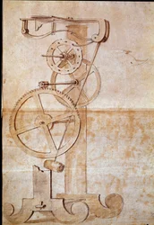 Klokke med et vektpendel, studert av den italienske astronomen og fysikeren Galileo Galilei, kalt Galilei (1564-1642), i 1638 for å måle tid. Tegning. Firenze, Nasjonalbiblioteket
