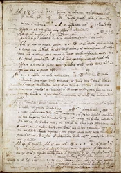 Side med "" Sidereus Nuncius"" der Galileo navngir de fire stjernene som Medicea Sidera eller Pianeti Medicei (Medicanske planeter): manuskript av den italienske astronomen og fysikeren Galileo Galilei dit Galilee (1564-1642) skrevet for Cosimo de Medicis 