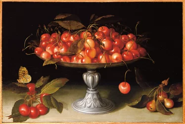 Kirsebær i sølvkompott med crabapples på en steinhylle og en fritillary sommerfugl