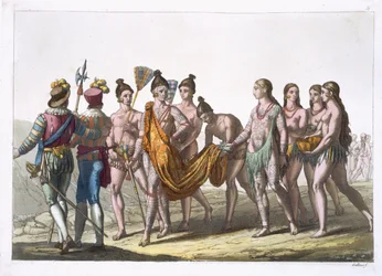 Indianske enker henvender seg til sin sjef for tillatelse til å gifte seg på nytt, plate 57 fra 'Le Costume Ancien et Moderne' av Jules Ferrario, utgitt ca. 1820-30-tallet