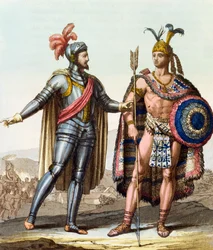 Møtet mellom Hernán Cortés (1485-1547) og Montezuma II (1466-1520) fra Jules Ferrarios «Le Costume Ancien ou Moderne», Milano, ca. 1820