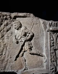 Art Gallo Romain: stele som representerer en gladiator. 50 f.Kr.-100 e.Kr. Metz. Museum of Fine Arts