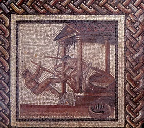 Galloromersk kunst: mosaikkgulv med fremstilling av en landlig kalender. En oljepresse. Slutten av 2., begynnelsen av 3. århundre e.Kr. Fra Saint-Romain-en-Gal (Rhône). Saint-Germain-en-Laye, Det nasjonale arkeologiske museet