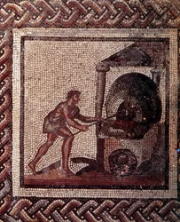 Gallo-romersk kunst: mosaikkgulv som viser en landlig kalender. Scene med brødbaking. Slutten av 2., begynnelsen av 3. århundre e.Kr. Fra Saint-Romain-en-Gal (Rhône). Saint-Germain-en-Laye, Det nasjonale arkeologiske museum