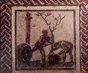 Gallo Roman Art: mosaikkbelegg som representerer en rustikk kalender. Jar poistering scene. Slutt 2., begynnelsen av 3. århundre etter JC. Fra Saint-Romain-en-Gal (Rhône). Saint Germain en Laye, Nasjonalmuseet for arkeologi