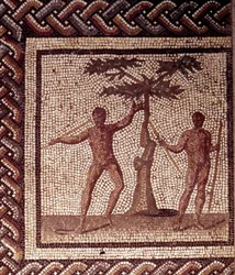 Gallo-romersk kunst: mosaikkgulv som fremstiller en landlig kalender. Slåttefolkets fest. Slutten av det 2., begynnelsen av det 3. århundre e.Kr. Fra Saint-Romain-en-Gal (Rhône). Saint-Germain-en-Laye, Det nasjonale arkeologiske museum