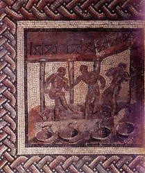 Gallo-romersk kunst: mosaikkgulv som fremstiller en landlig kalender. Scene med druetråkking i et kar. Slutten av det 2., begynnelsen av det 3. århundre e.Kr. Fra Saint-Romain-en-Gal (Rhône). Saint-Germain-en-Laye, Det nasjonale arkeologiske museum