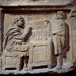 Art Gallo Romain: et bakeri. En klient kjøper brød fra en baker. Metz, Musee des Beaux Arts.
