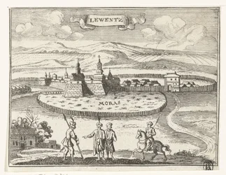 Utsikt over Levice Topografiske bilder av Østerrike, Ungarn og Balkan (serietittel) Kort beskrivelse, og aen-wysinghe der plaetsen i desen boeck, med deres teghen-ord, stående, pertinent uyt-ghebeldt, i Oostenryck (serien