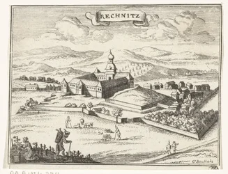 Utsikt over Rechnitz Topografiske bilder av Østerrike, Ungarn og Balkan (serietittel) Kort beskrivelse, og aen-wysinghe der placesen i desen boeck, med deres teghen-ord, stående, relevant uyt-ghebeldt, i Oostenryck (ser.