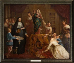Sognekirke (Eglise Saint-Brice). Paintin "Erkehertugen Isabel av Spania gir smykkene sine til basilikum Saint-Martin av Halle". Gaspar de Crayer.