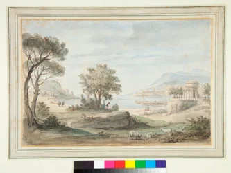 Landskap med et rundt tempel (penn og brunt blekk og fargede vasker)