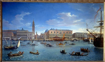 Utsikt over Venezia, brygga, torget og Dogepalasset, fra øya Saint George (San Giorgio) Maleri av Gaspare Vanvitelli (Gaspar van Wittel, Caspar Van Vitelli) (1653-1736) 1697 Dim 1,74x0,98 m Madrid, Musee du Prado - Utsikt over Venezia, s