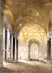 Haghia Sophia, plate 7: inngang til skipet, gravert av Louis Haghe (1806-85) utgitt 1852 (lito)