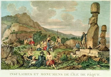 Islanders and Monuments of Easter Island, plate 11 fra Atlas de Voyage de La Perouse, 1785-88 (gravering)