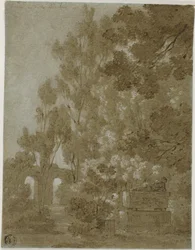 Utsikt over ruinene av buene og graven i Villa Borghese