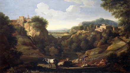 Italiensk landskap som viser jaktscene, av Gaspard Dughet (1615-1675)