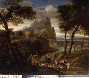 ""Landskap med en gruppe reisende"" (Landskap med campingvogn) Maleri av Gaspard Dughet (1615-1675) 1600-tallets statlige friluftsmuseum Palace Gatchina, St. Petersburg