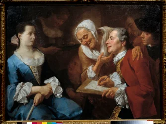 En maler og hans modell, bak ham strekker en gammel kvinne nakken for å se hennes tegning. Maleri av Gaspare Traversi (1732- 1769) 1754 Søn. 0,99x0,73 m