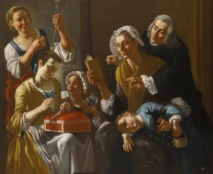 La lecon de couture - The Sewing Lesson par Traversi, Gaspare (1732-1769). Olje på lerret, størrelse: 131x158, ca 1760, privat samling