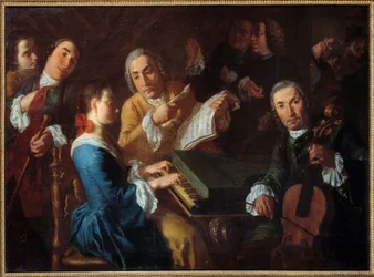 Konserten: en musiker ved cembaloet og en cellist, maleri av Gaspare Traversi (1722-1770), 1700-tallet, 0,96 x 1,3 m, Rouen, Musée des Beaux-Arts.