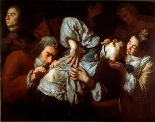 Sårene En skadet mann blir undersøkt av en lege og beroliger av en ung kvinne. Maleri av Gaspare Traversi (ca. 1722-1770). 1752 ca. Sol. 100x127 cm Galleria dell