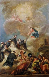 Dominikanske helgener i herlighet, ca 1750, av Gaspare Diziani (1689-1767), olje på lerret, 64x42 cm, skisse til hvelvet i St Bartholomew-kirken i Bergamo