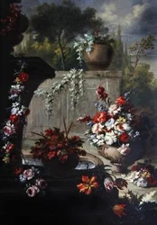 Stilleben av blomster i prydvaser (olje på kobber) (par til 379514)