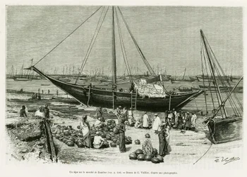 En tepe på Zanzibar-markedet (Tanzania). Gravering av G.Vuillier, for å illustrere historien Voyage among the Benadirs, Somali and Bayouns, i 1882 og 1883, av G.Revoil, i le tour du monde 1888, regissert av Edouard Charton (1807-1890), Hachette, Paris.