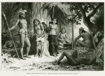 Bivuakk og lungetyper i skogen. Gravering av G.Vuillier, for å illustrere historien De Koutei a Bandjirmasin, reise gjennom Borneo, av Carl Bock, i le tour du monde 1890, regissert av Edouard Charton (1807-1890), Hachette, Paris.