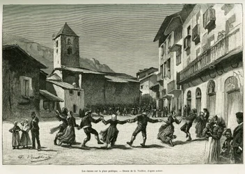 Danser på torget. Gravering av G.Vuillier, for å illustrere historien Le val d