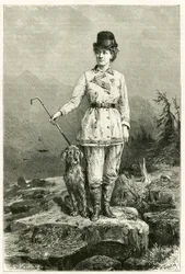 Portrett av Madame Marie De Ujfalvy-Bourdon, i reisedrakt, med hunden sin, gift med etnologen lingvist og oppdagelsesreisende Charles Eugene Ujfalvy (1842-1904), hun fulgte ham på alle hans ekspedisjoner. Gravering av G.Vuillier, etter naturen for å illust