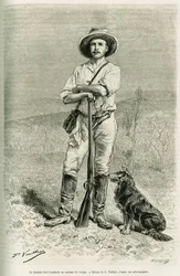 Portrett av den reisende forfatteren Carl Lumholtz. Gravering av G.Vuillier, for å illustrere historien Chez les cannibales, reise nord-øst i Australia