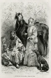 Portretter av Mr. Wilfrid Blunt (1840-1922), poet og forfatter, og hans kone, Lady Anna Blunt (nee King Noel (King Noel) 1837-1917), den første europeiske kvinnen som utforsket Midtøsten, iført reisedrakt , foran en av de arabiske hestene i stallen deres