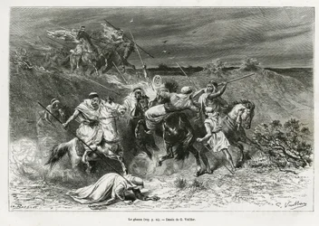 Ghazou, eller razzia, plyndrer med en hånd. Gravering av G.Vuillier, for å illustrere historien "" pelerinage au Nedjed, den arabiske rasens vugge"", av Lady Anna Blunt, i 1878-1879, publisert i Tour du monde, under ledelse av Edouard Charton (1807-